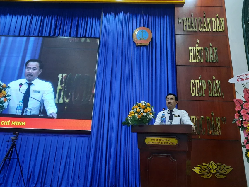 Chánh án TAND TP.HCM Lê Thanh Phong phát biểu khai mạc hội nghị. Ảnh: MC Chánh án TAND TP.HCM Lê Thanh Phong phát biểu khai mạc hội nghị. Ảnh: MC