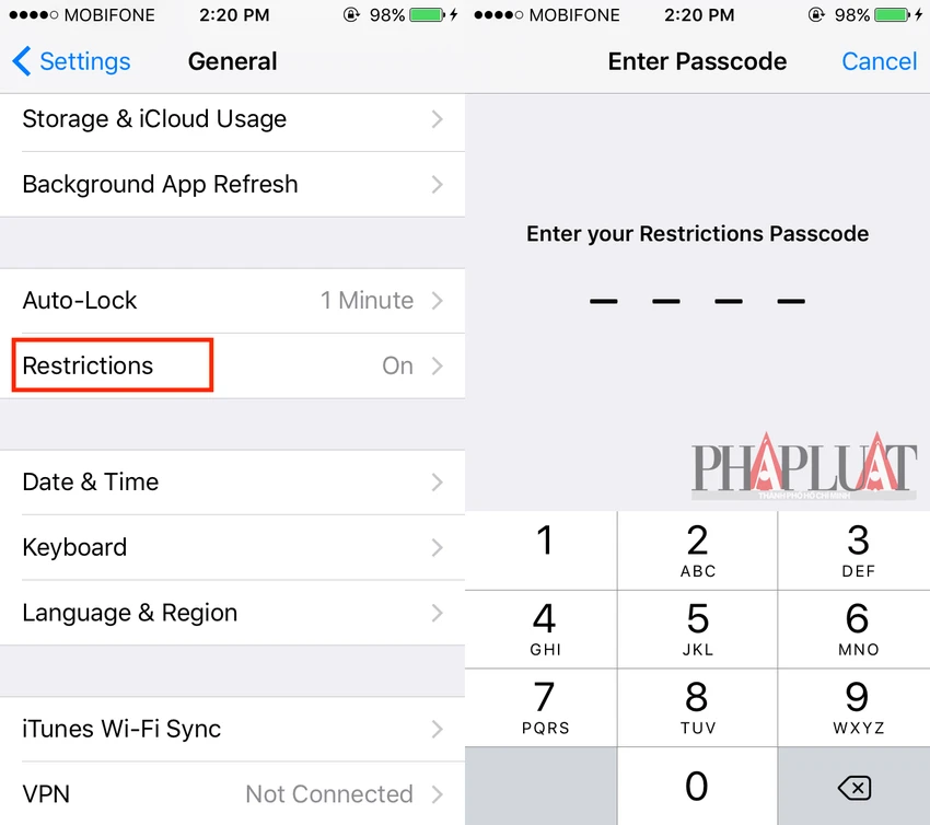 Cách bảo vệ tài khoản iCloud trên iPhone ảnh 1 Kích hoạt tính năng Restrictions để bảo vệ tài khoản iCloud
