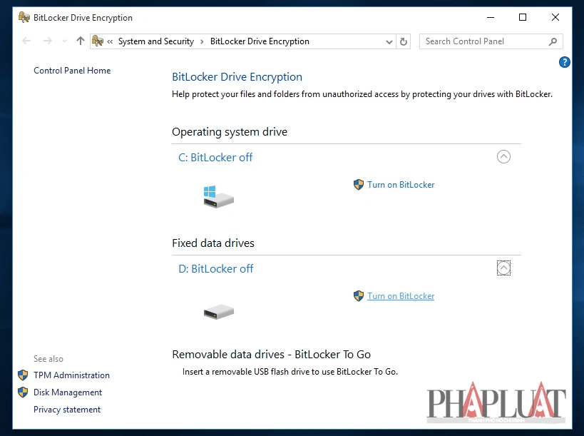 Kích hoạt tính năng BitLocker để mã hóa dữ liệu