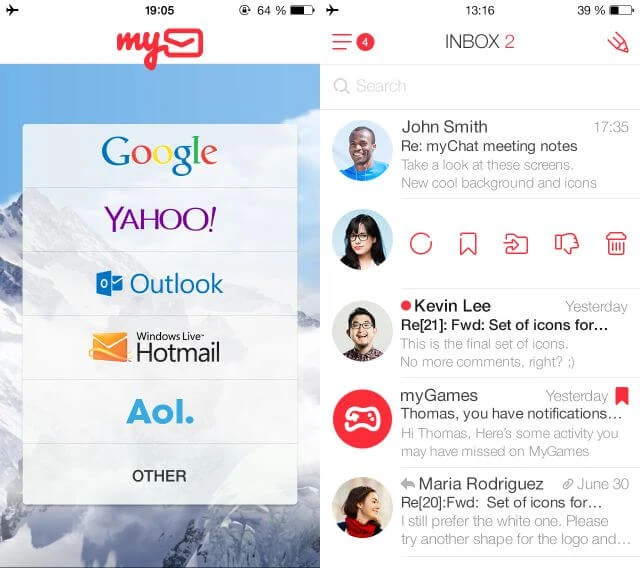 MyMail có giao diện quản lý thư từ khá đẹp mắt
