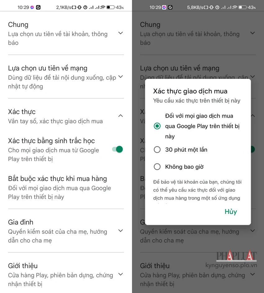 xac-thuc-mua-hang-tren-android Kích hoạt tính năng yêu cầu xác thực trên Google Play. Ảnh: MINH HOÀNG