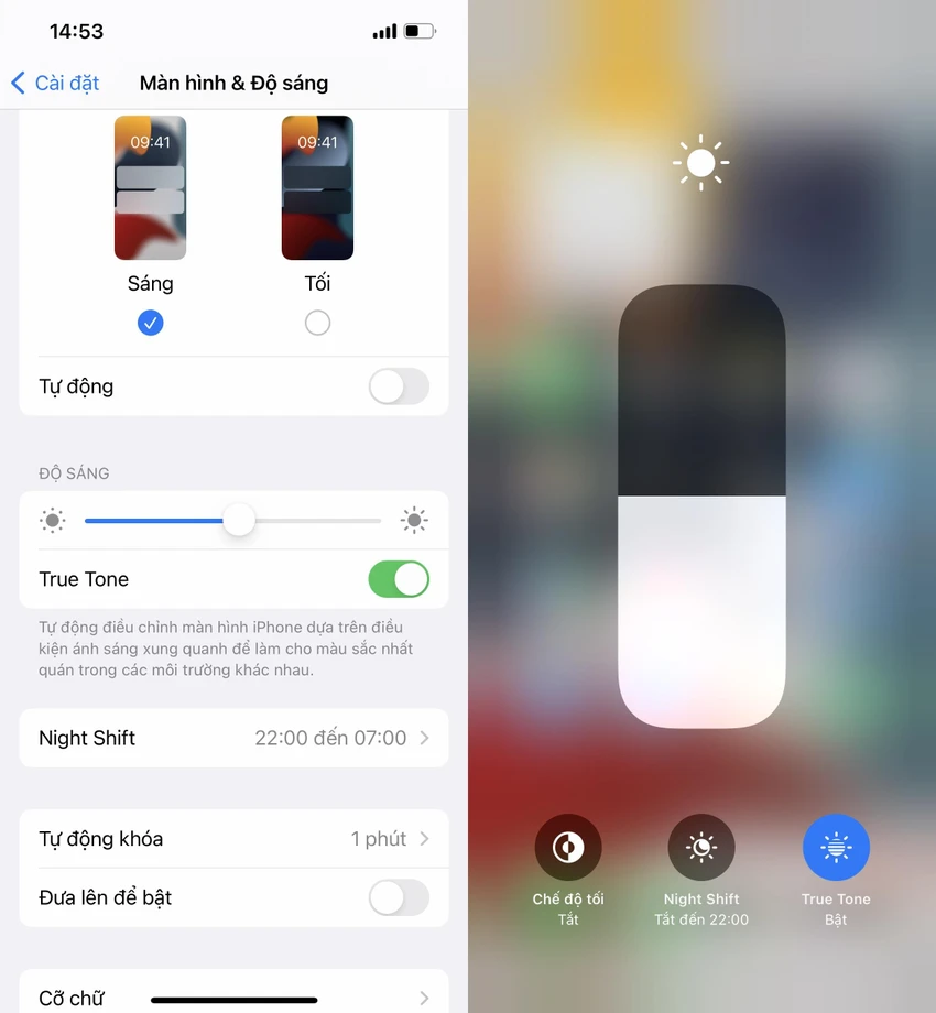 Bật chế độ Night Shift trên iPhone, iPad. Ảnh: MINH HOÀNG