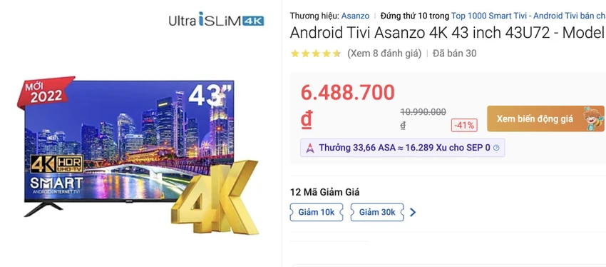 tivi-4k-asanzo Tivi Asanzo 4K giá chỉ 6,48 triệu đồng. Ảnh: TIỂU MINH