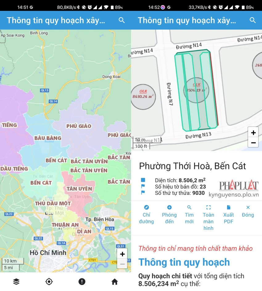 xem-thong-tin-quy-hoach-tai-binh-duong Phóng to bản đồ về mức 50 m để xem thông tin quy hoạch của từng thửa đất. Ảnh: MINH HOÀNG