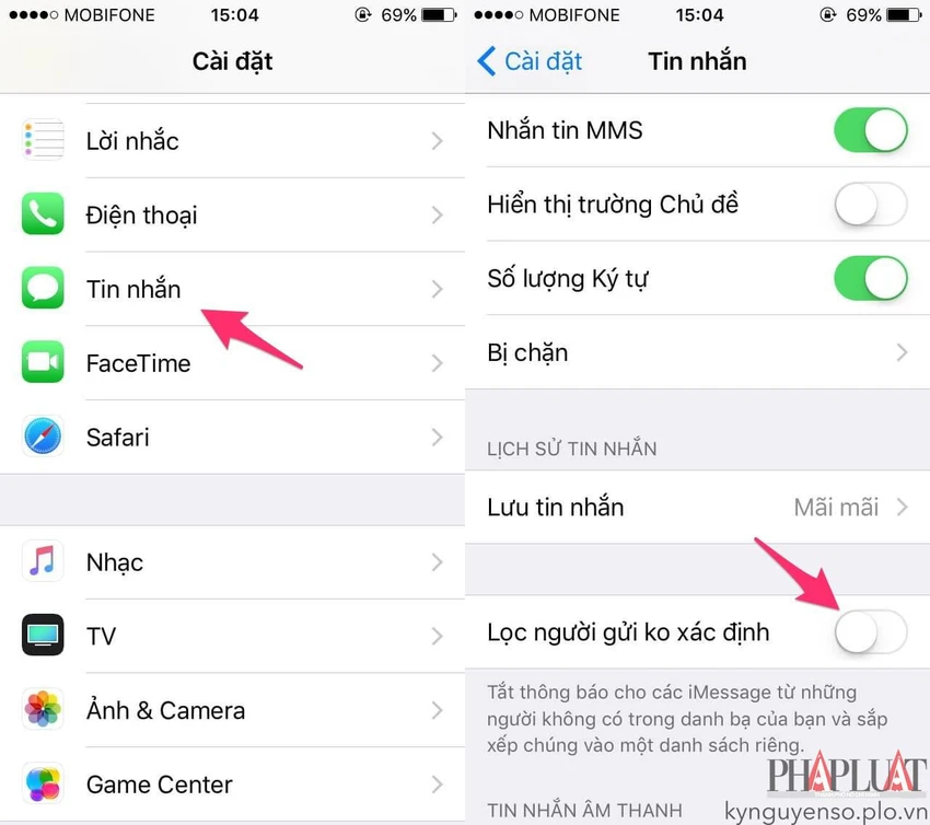 Chặn tin nhắn được gửi từ những người không xác định. Ảnh: MINH HOÀNG