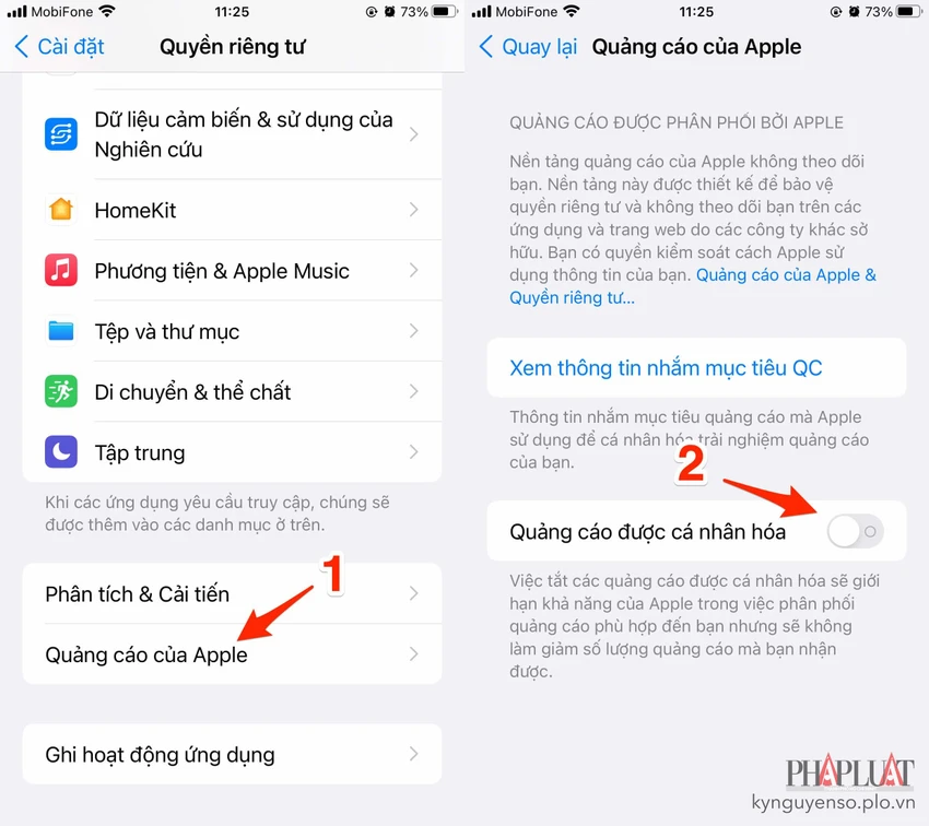 Tắt quảng cáo cá nhân hóa trên iPhone. Ảnh: TIỂU MINH