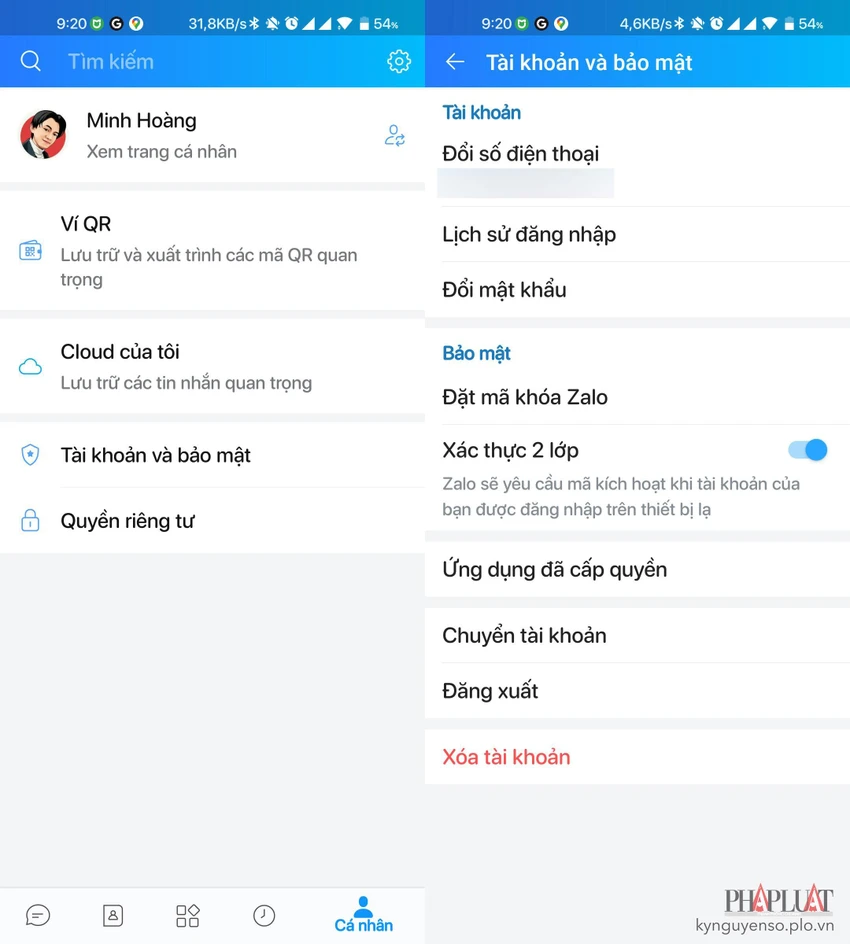 xac-thuc-2-lop-zalo Kích hoạt tính năng xác thực 2 lớp trên Zalo. Ảnh: TIỂU MINH