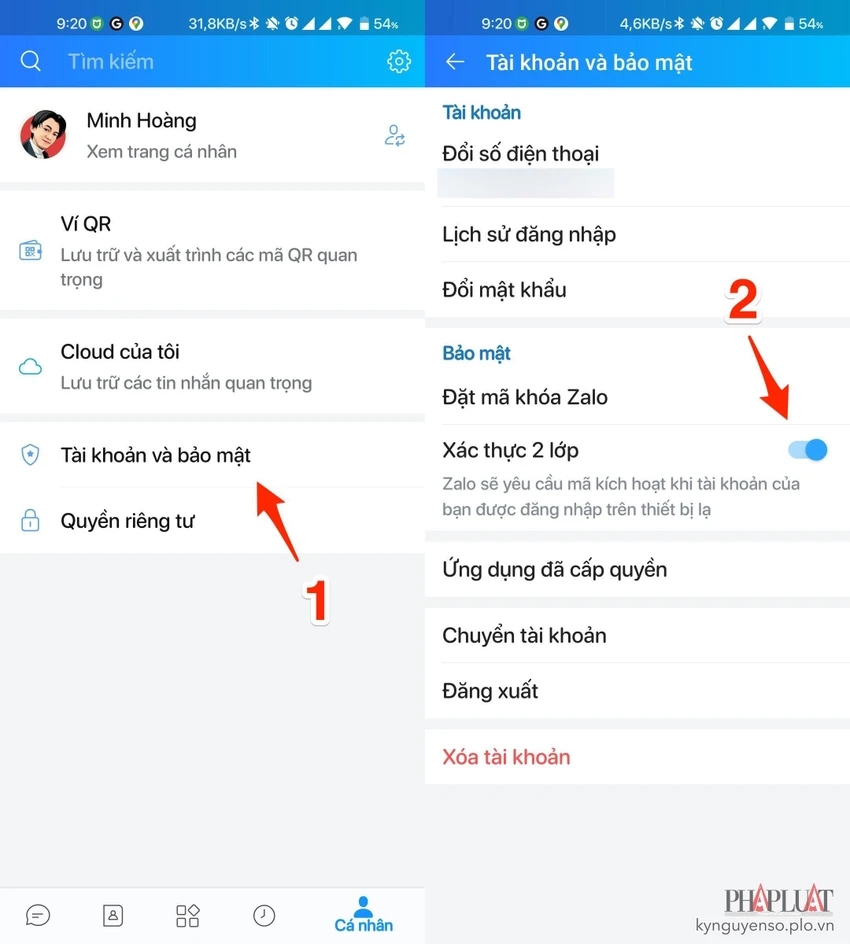 Kích hoạt xác thực 2 lớp trên Zalo. Ảnh: TIỂU MINH