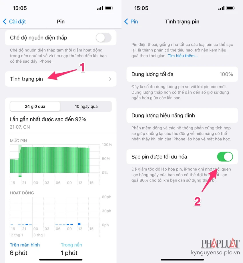 sac-pin-duoc-toi-uu-hoa-iphone Kích hoạt tính năng sạc pin được tối ưu hóa. Ảnh: MINH HOÀNG