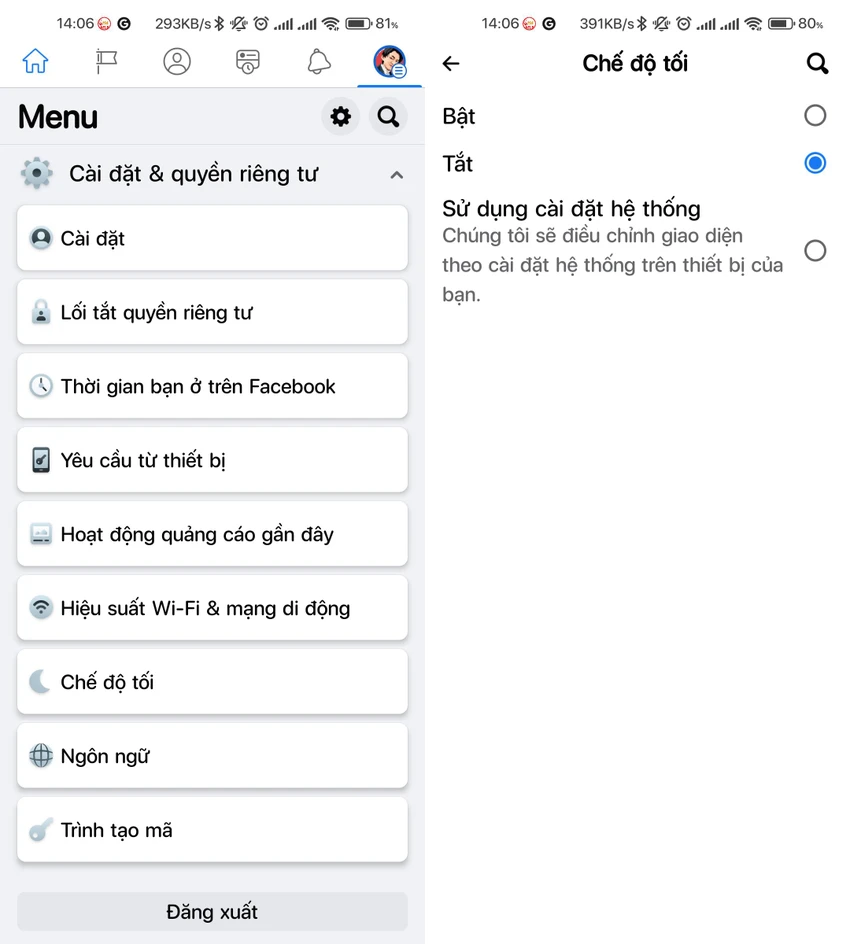 kich-hoat-che-do-toi-tren-facebook Kích hoạt chế độ tối trên Facebook. Ảnh: MINH HOÀNG