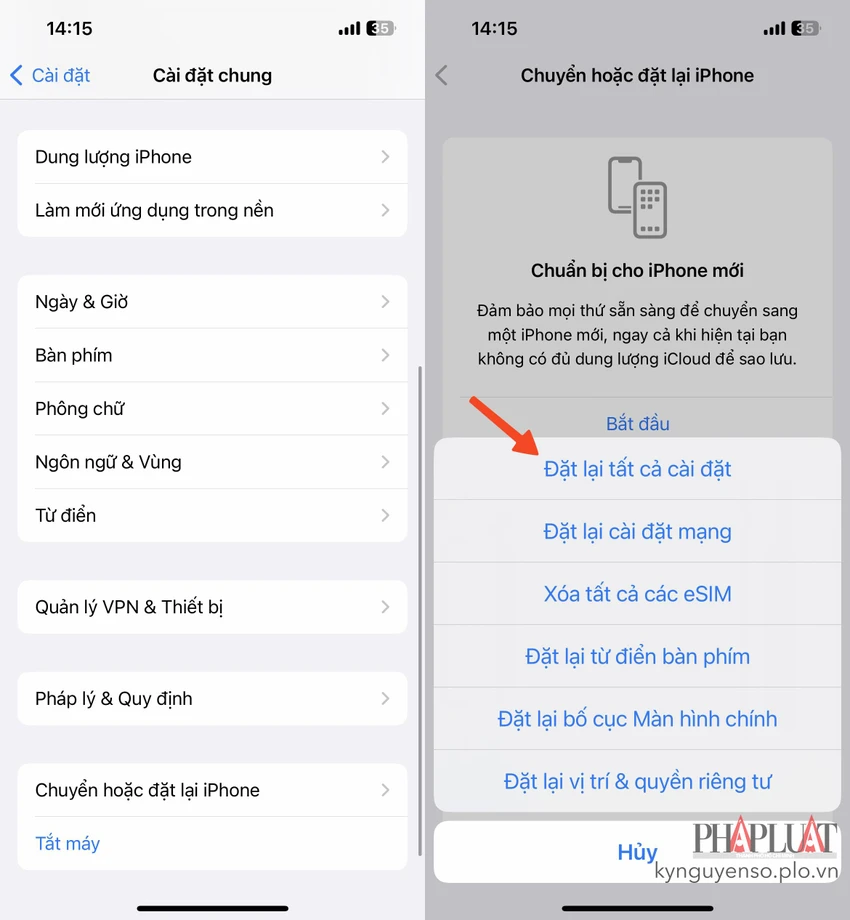 dat-lai-tat-ca-cai-dat-tren-iphone Đặt lại tất cả cài đặt trên iPhone. Ảnh: MINH HOÀNG