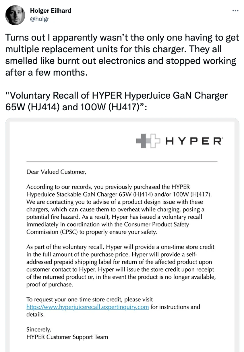 hyper-thu-hoi-sac-gan-100w-vs-65w Hyper gửi email trực tiếp cho người dùng để thu hồi sản phẩm. Ảnh: TIỂU MINH