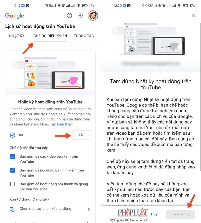 Tắt tính năng theo dõi hoạt động của YouTube. Ảnh: MINH HOÀNG