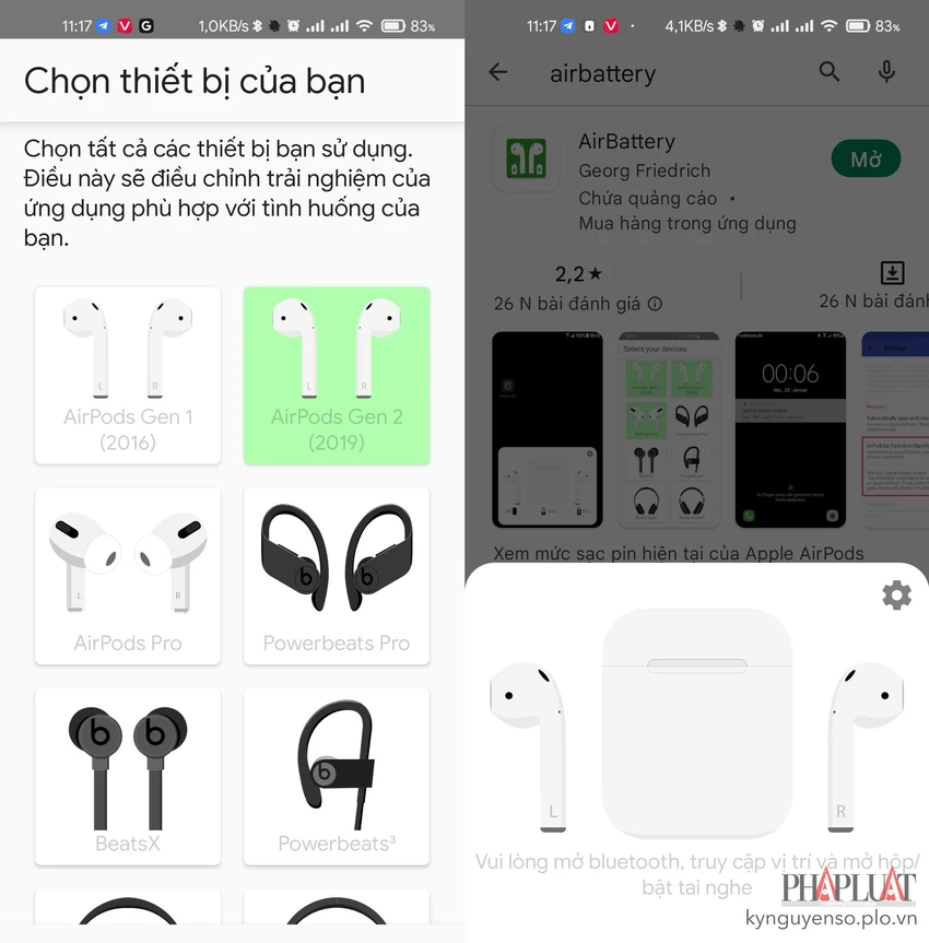 airbattery-hien-thi-dung-luong-pin-airpods AirBattery sẽ tự động hiển thị dung lượng pin của tai nghe và hộp sạc. Ảnh: MINH HOÀNG