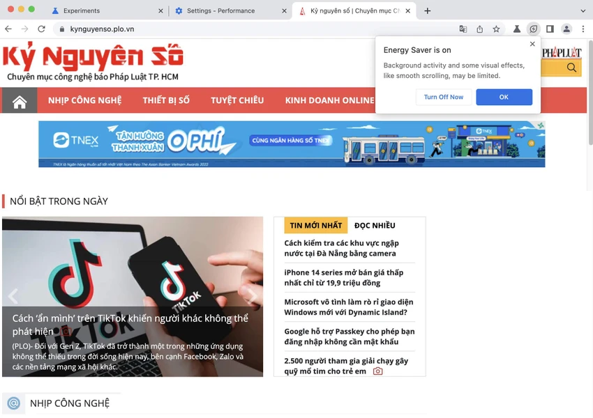 tiet-kiem-pin-tren-google-chrome Google Chrome sẽ tự động giảm bớt các hiệu ứng nhằm kéo dài thời gian sử dụng pin. Ảnh: MINH HOÀNG