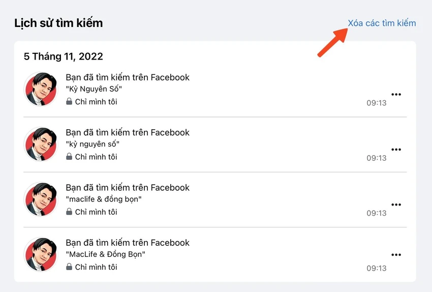 xoa-toan-bo-lich-su-tim-kiem-facebook Xóa toàn bộ lịch sử tìm kiếm Facebook trên máy tính. Ảnh: MINH HOÀNG