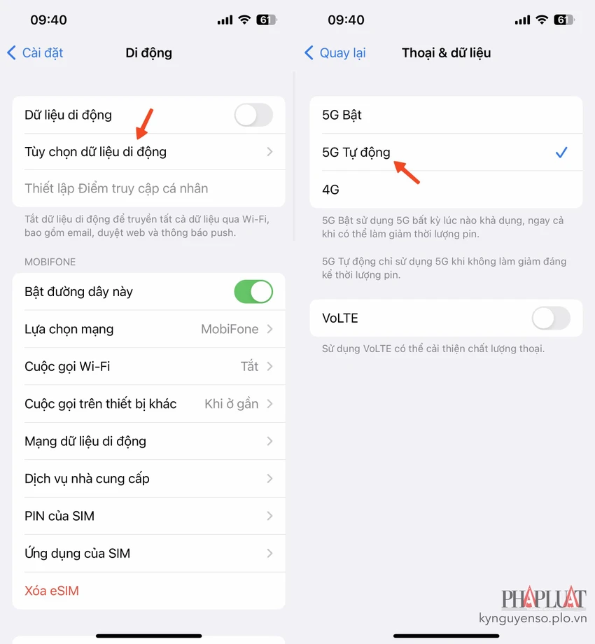 bat-4g-tren-iphone Bật kết nối 4G hoặc 5G trên iPhone. Ảnh: MINH HOÀNG