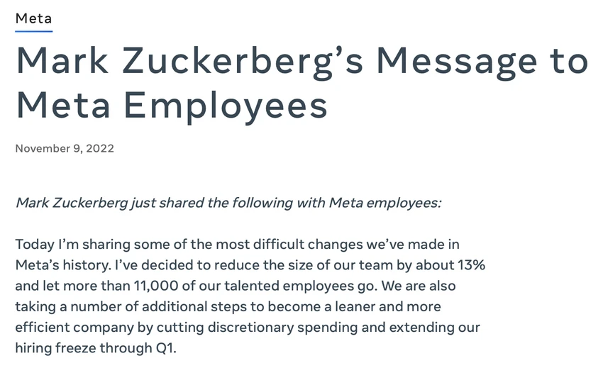 meta-sa-thai-hon-11.000-nhan-vien Tâm thư của Mark Zuckerberg gửi đến các nhân viên. Ảnh: TIỂU MINH