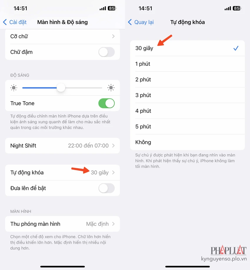 giam-thoi-gian-cho-khoa-man-hinh-tren-iphone Giảm thời gian chờ khóa màn hình trên iPhone. Ảnh: MINH HOÀNG