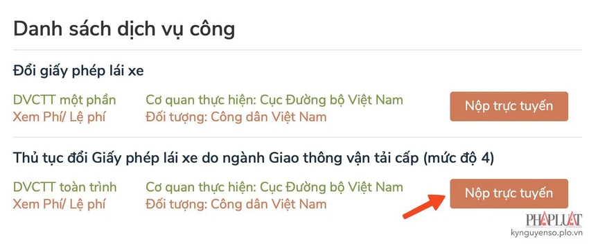 Gửi yêu cầu đổi giấy phép lái xe do ngành giao thông vận tải cấp (mức độ 4). Ảnh: MINH HOÀNG