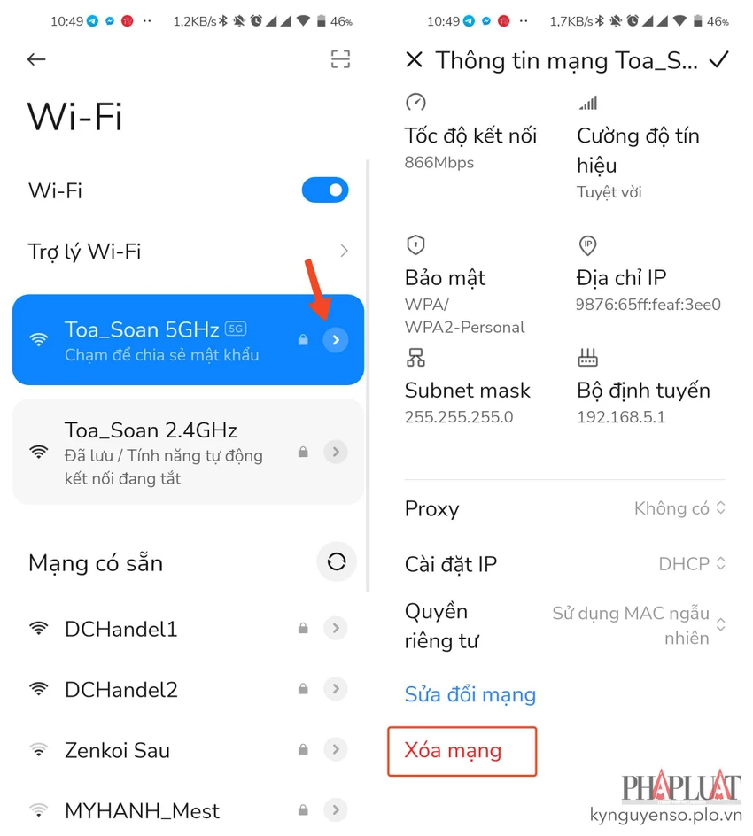 Cách quên mạng WiFi trên điện thoại Android và kết nối lại. Ảnh: MINH HOÀNG