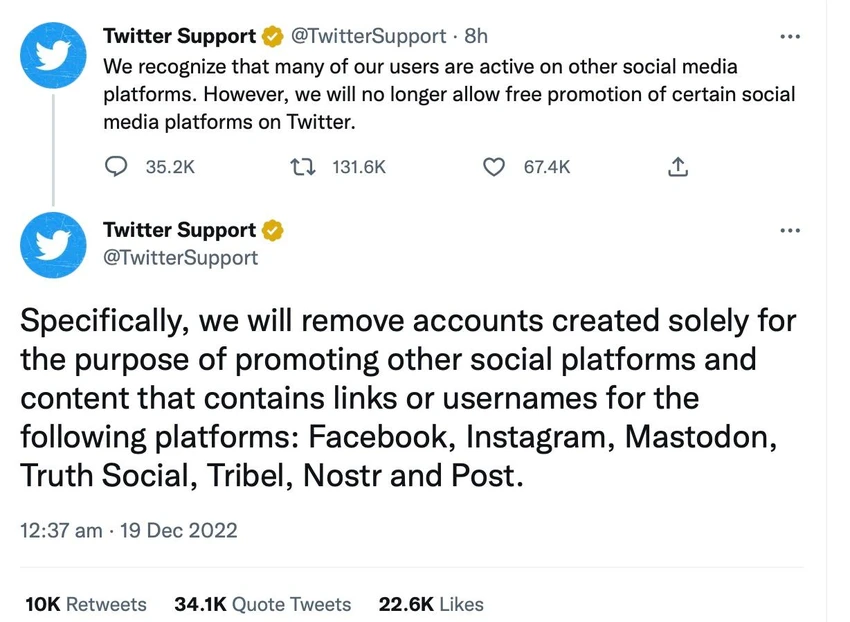Twitter Support thông báo về việc sẽ xóa các tài khoản được tạo ra để quảng bá các mạng xã hội khác. Ảnh: TIỂU MINH 