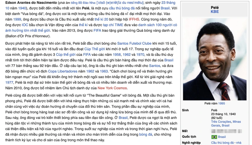 trang-wikipedia-tieng-viet-cua-pele-bi-chinh-sua Trang Wikipedia tiếng Việt của Pele bị chỉnh sửa. Ảnh: TIỂU MINH