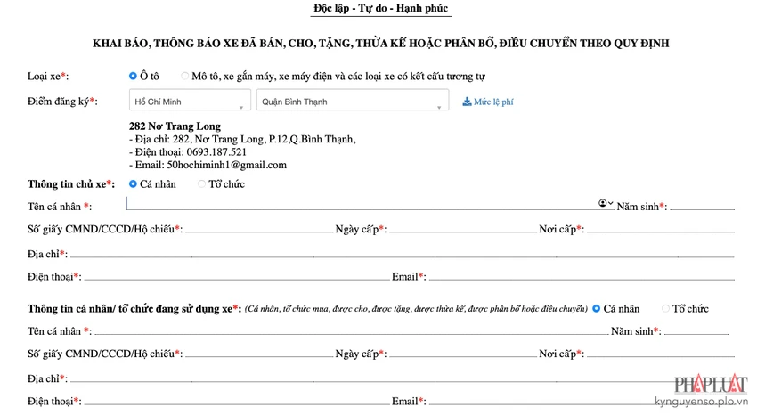 khai-bao-cho-tang-xe-truc-tuyen Khai báo thông tin cho, tặng xe trực tuyến. Ảnh: MINH HOÀNG
