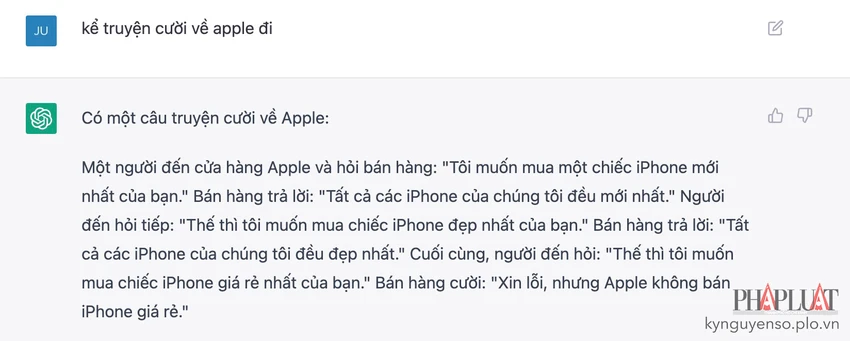 chatgpt-viet-truyen-cuoi Yêu cầu ChatGPT kể truyện cười về Apple. Ảnh: MINH HOÀNG