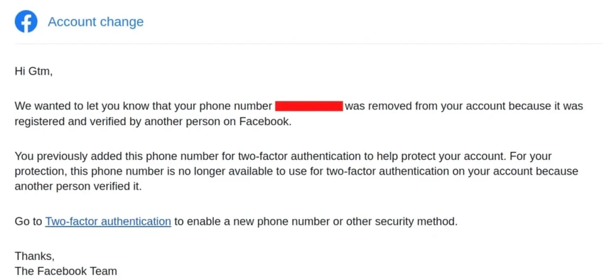 Email Meta thông báo cho người dùng về việc số điện thoại cá nhân đã được đăng ký và xác minh bởi một người khác trên Facebook. Ảnh: Gtm Mänôz