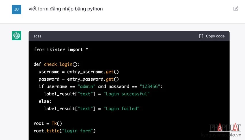 chatgpt-viet-code Viết form đăng nhập bằng Python. Ảnh: MINH HOÀNG