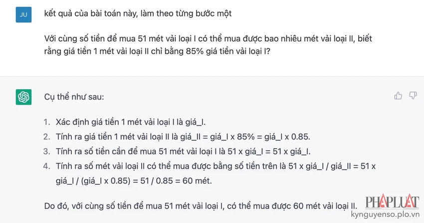 chatgpt-lam-toan Yêu cầu ChatGPT tính kết quả của bài toán theo từng bước một, hoặc bạn cũng có thể yêu cầu kết quả ngắn gọn ngay lập tức. Ảnh: MINH HOÀNG
