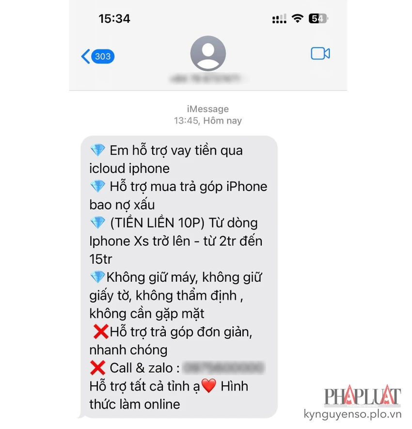 tin-nhan-lua-dao-moi-chao-cho-vay-bang-icloud Tin nhắn lừa đảo mời chào cho vay bằng iCloud. Ảnh: TIỂU MINH