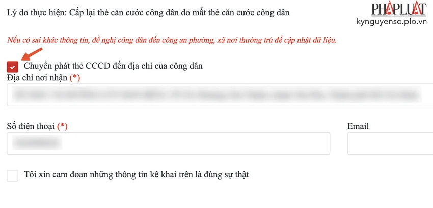 chon-hinh-thuc-gui-can-cuoc-cong-dan-ve-tan-nha Kiểm tra thông tin và chọn Chuyển phát thẻ CCCD về tận nhà. Ảnh: MINH HOÀNG