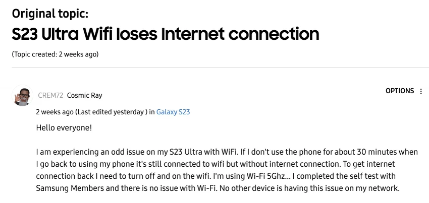 Một thành viên trên Samsung Community phản ánh về lỗi WiFi trên S23 Ultra. Ảnh: TIỂU MINH