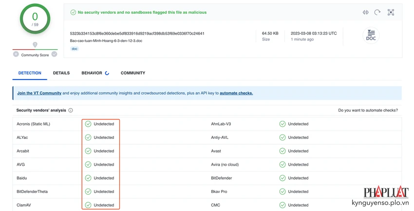 kiem-tra-do-an-toan-cua-tep-tin-bang-virustotal Kiểm tra mức độ an toàn của tệp tin trước khi mở. Ảnh: TIỂU MINH