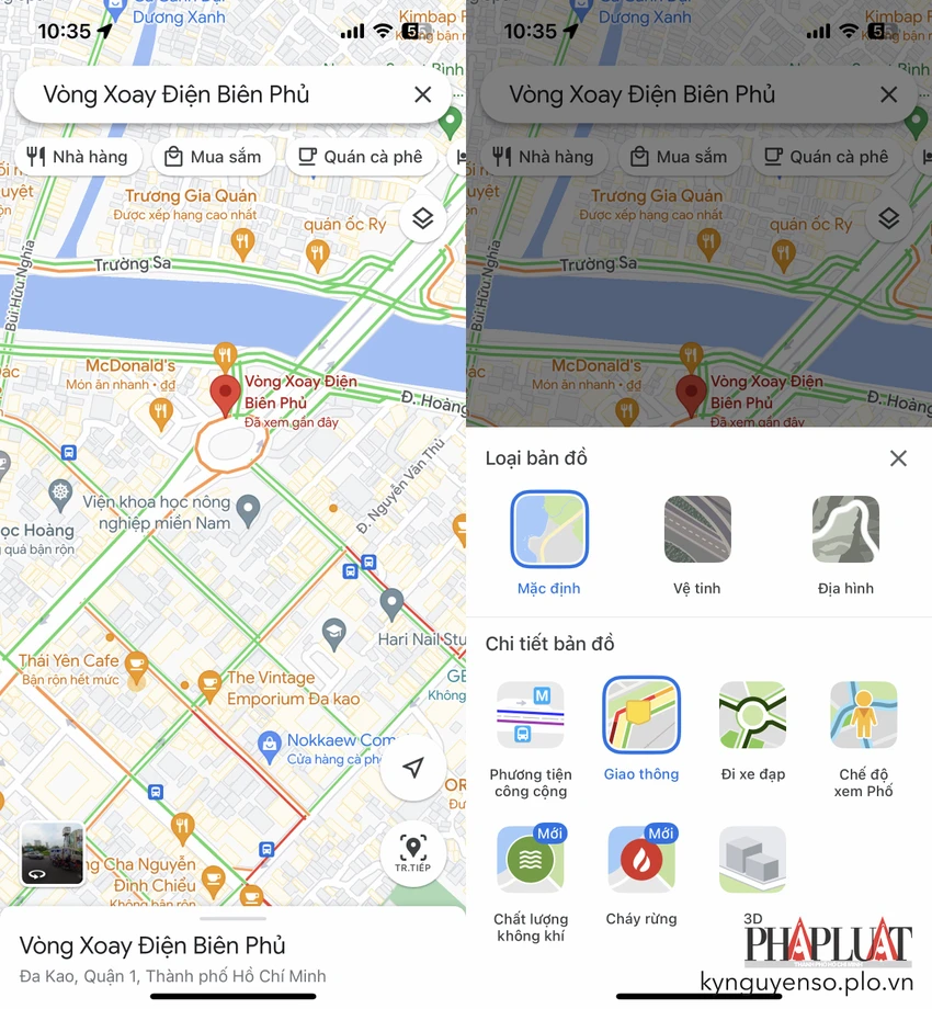 google-maps-hien-thi-tinh-trang-giao-thong-tai-vong-xoay Google Maps hiển thị tình trạng giao thông theo thời gian thực tại khu vực vòng xoay Điện Biên Phủ. Ảnh: MINH HOÀNG