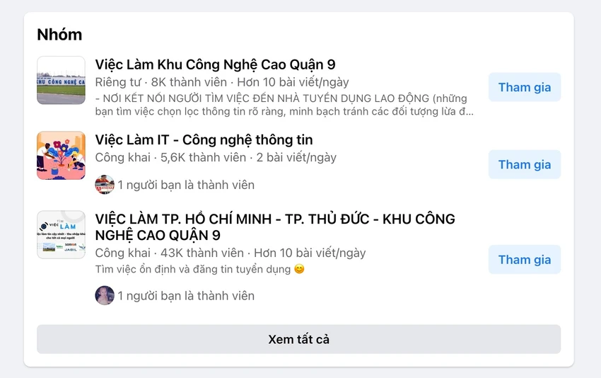 tham-gia-vao-cac-group-tim-kiem-viec-lam Tham gia vào các group tìm kiếm việc làm tương ứng. Ảnh: TIỂU MINH