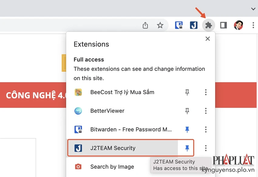 ghim-tien-ich-j2team-security Ghim tiện ích J2team Security lên cuối thanh địa chỉ trình duyệt. Ảnh: MINH HOÀNG