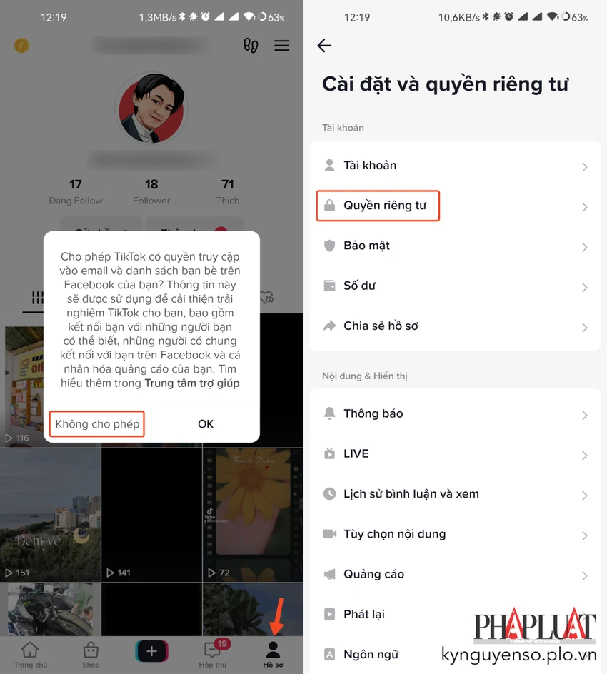 khong-dong-bo-hoa-danh-ba-voi-tiktok Không đồng bộ danh bạ và Facebook với TikTok. Ảnh: TIỂU MINH