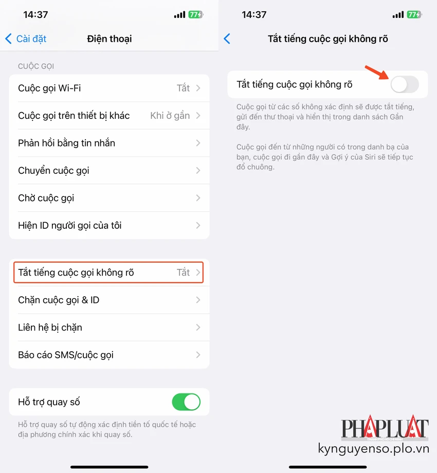 tat-tieng-cac-cuoc-goi-khong-ro-rang-tren-iphone Tắt tiếng các cuộc gọi không rõ trên iPhone. Ảnh: MINH HOÀNG