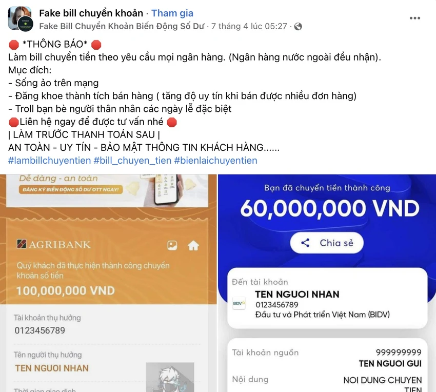 cac-hoi-nhom-lam-gia-bien-lai-chuyen-khoan Các hội nhóm làm giả biên lai chuyển khoản ngân hàng. Ảnh: TIỂU MINH