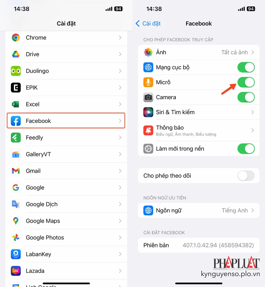 thu-hoi-quyen-truy-cap-micro-tren-facebook Thu hồi quyền truy cập micro của ứng dụng Facebook trên iPhone. Ảnh: MINH HOÀNG