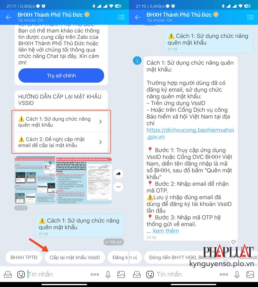 cach-lay-lai-mat-khau-vssid-bang-zalo Cách lấy lại mật khẩu VssID khi đã cập nhật email (cách 1) và chưa có email (cách 2). Ảnh: MINH HOÀNG