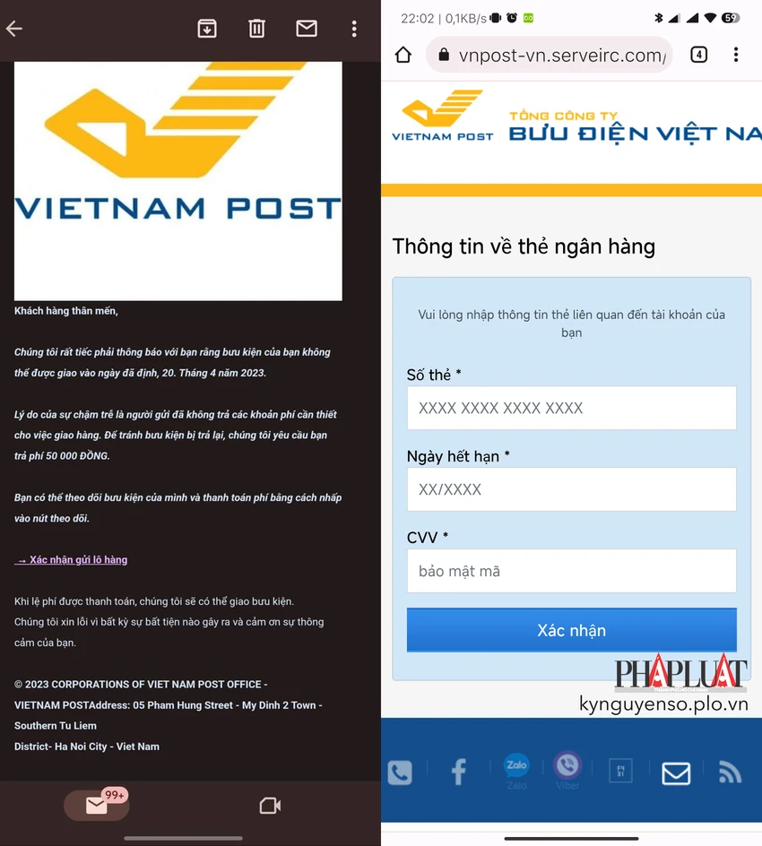 Email giả mạo bưu điện và trang web lừa người dùng cung cấp thông tin thẻ tín dụng. Ảnh: TIỂU MINH