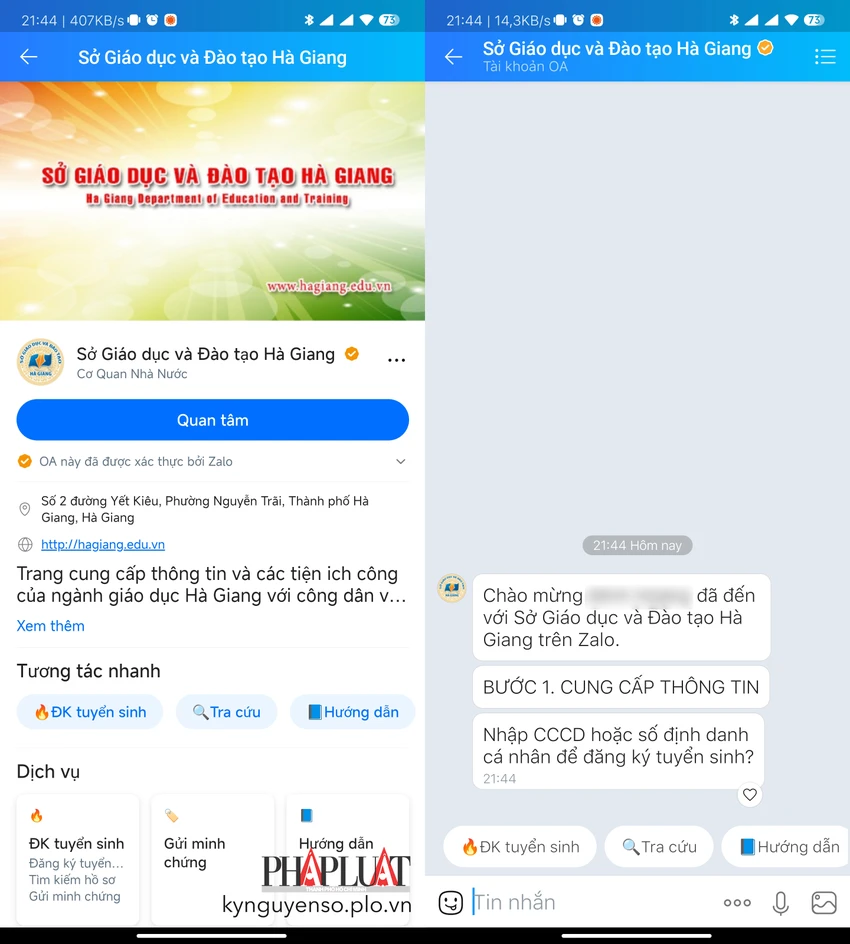 Trang Zalo “Sở Giáo dục và Đào tạo Hà Giang” được trang bị tính năng đăng ký cùng các hướng dẫn chi tiết. Ảnh: TIỂU MINH Trang Zalo “Sở Giáo dục và Đào tạo Hà Giang” được trang bị tính năng đăng ký cùng các hướng dẫn chi tiết. Ảnh: TIỂU MINH