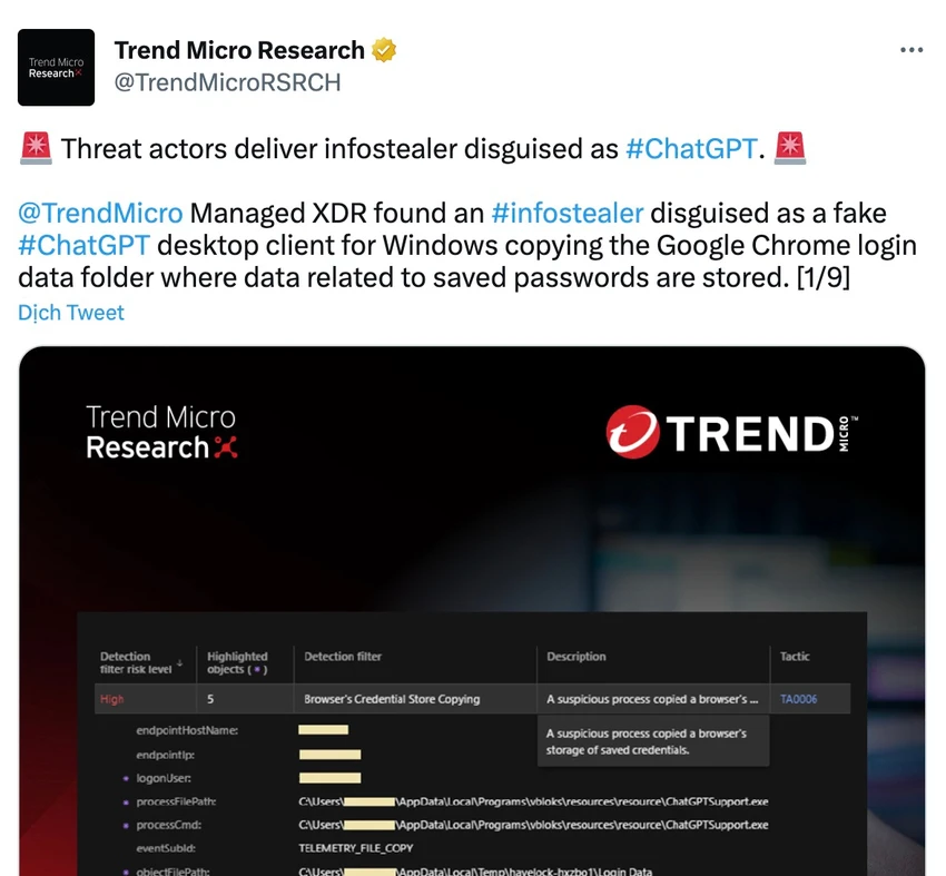 trend-micro-canh-bao-phan-mem-doc-hai Trend Micro cảnh báo về phần mềm độc hại giả mạo ChatGPT. Ảnh chụp màn hình