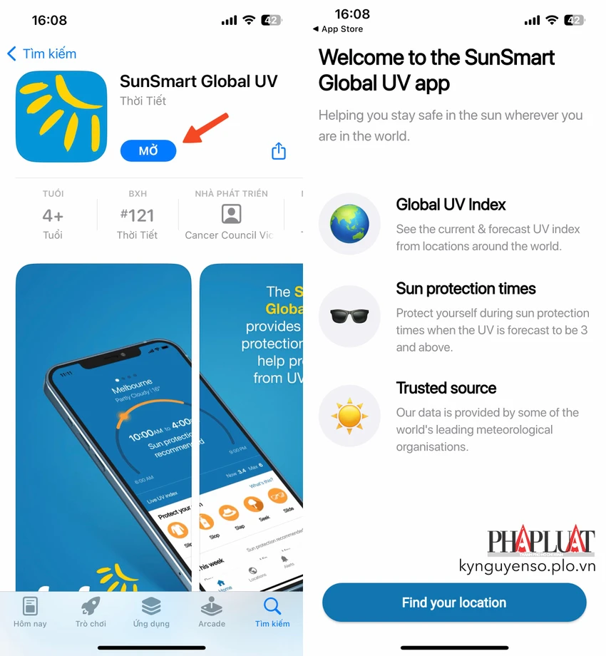 sunsmart-global-uv SunSmart Global UV được cung cấp miễn phí trên các kho ứng dụng. Ảnh: MINH HOÀNG