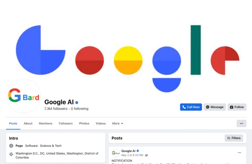trang-facebook-cua-miss-pooja-bi-hack Trang này từng thuộc về ca sĩ Ấn Độ Miss Pooja, sau khi bị hack thì đổi tên thành Google AI. Ảnh: Mashable