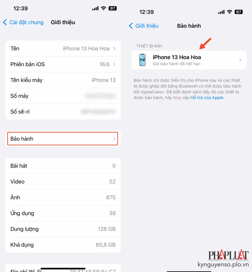 kiem-tra-thong-tin-bao-hanh-tren-iphone Kiểm tra thông tin bảo hành trên thiết bị. Ảnh: TIỂU MINH